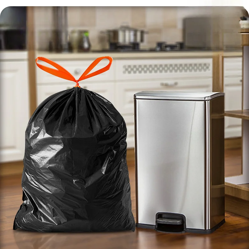 60/100L Large Kitchen Waste Garbage Bag 1 Roll With 15 Black Thick Hand Held Disposable Environmental Drawstring Garbage Bags