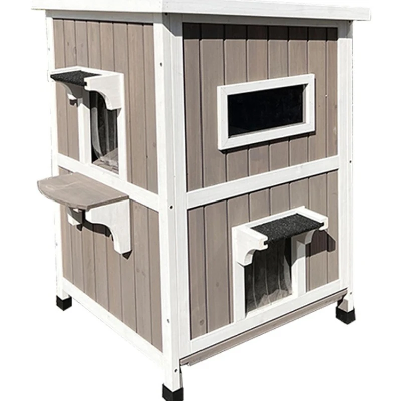 Cat house outdoor solid wood double-layer luxury cat villa rainproof stray cat house indoor and outdoor universal winter warm