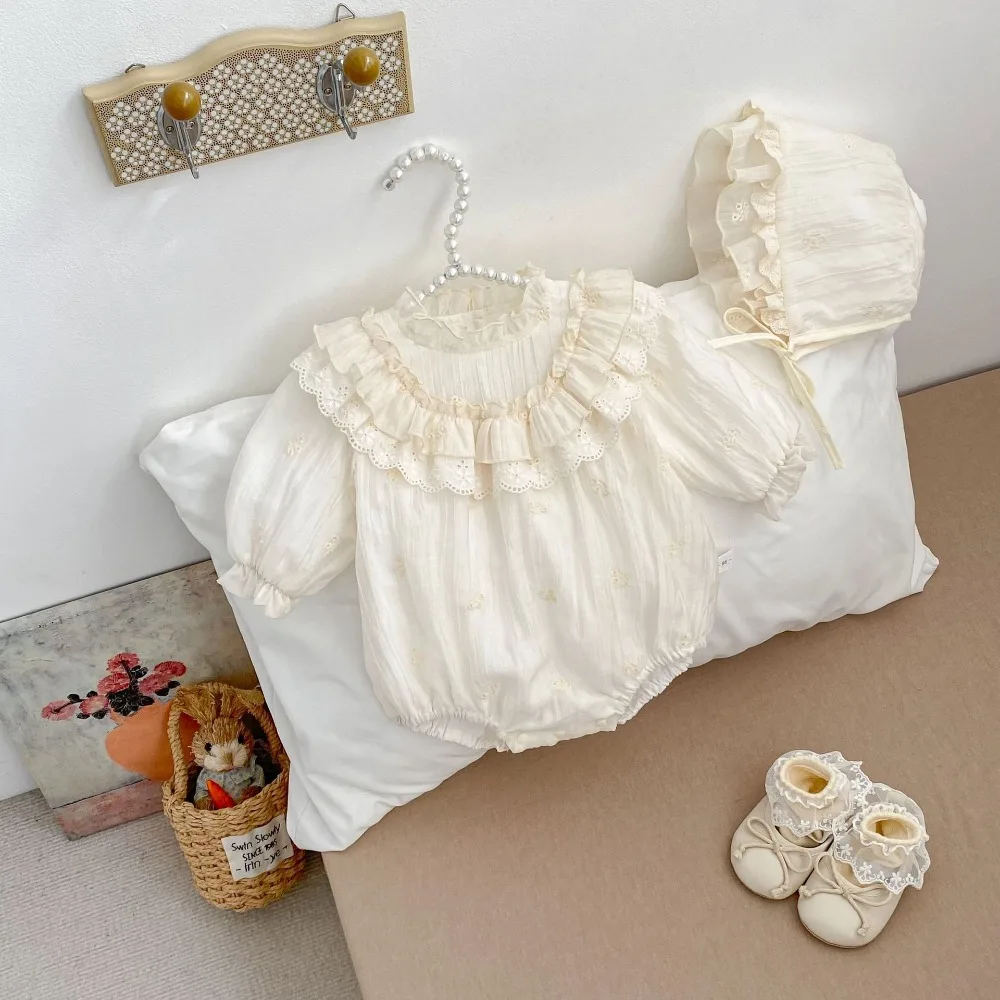2026 Newborn Baby Girl Romper 0-2Years Cute Princess Long Sleeve Solid Color O-Neck Cotton Bodysuit Hat 2PCS Spring Fall Clothes