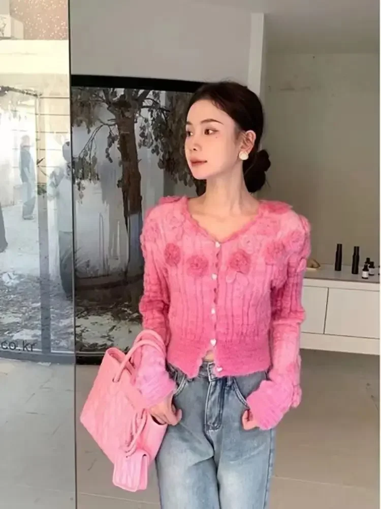 French Advanced Sense Romantic Three-dimensional Rose Pink Sweater Female Autumn and Winter V-neck Knitted Cardigan