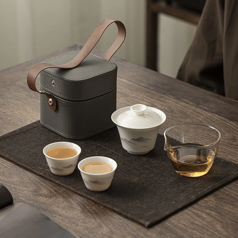 Chinese white jade porcelain travel tea set camping portable teapot cup and gift box business customers family souvenirs