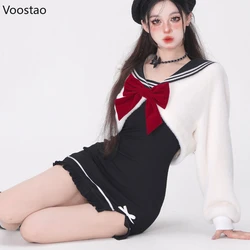 Autumn Winter Japanese JK Uniform Dress Set Girls Preppy Style Bow Sailor Collar Coat Party Mini Dresses Women Sweet 2 Piece Set