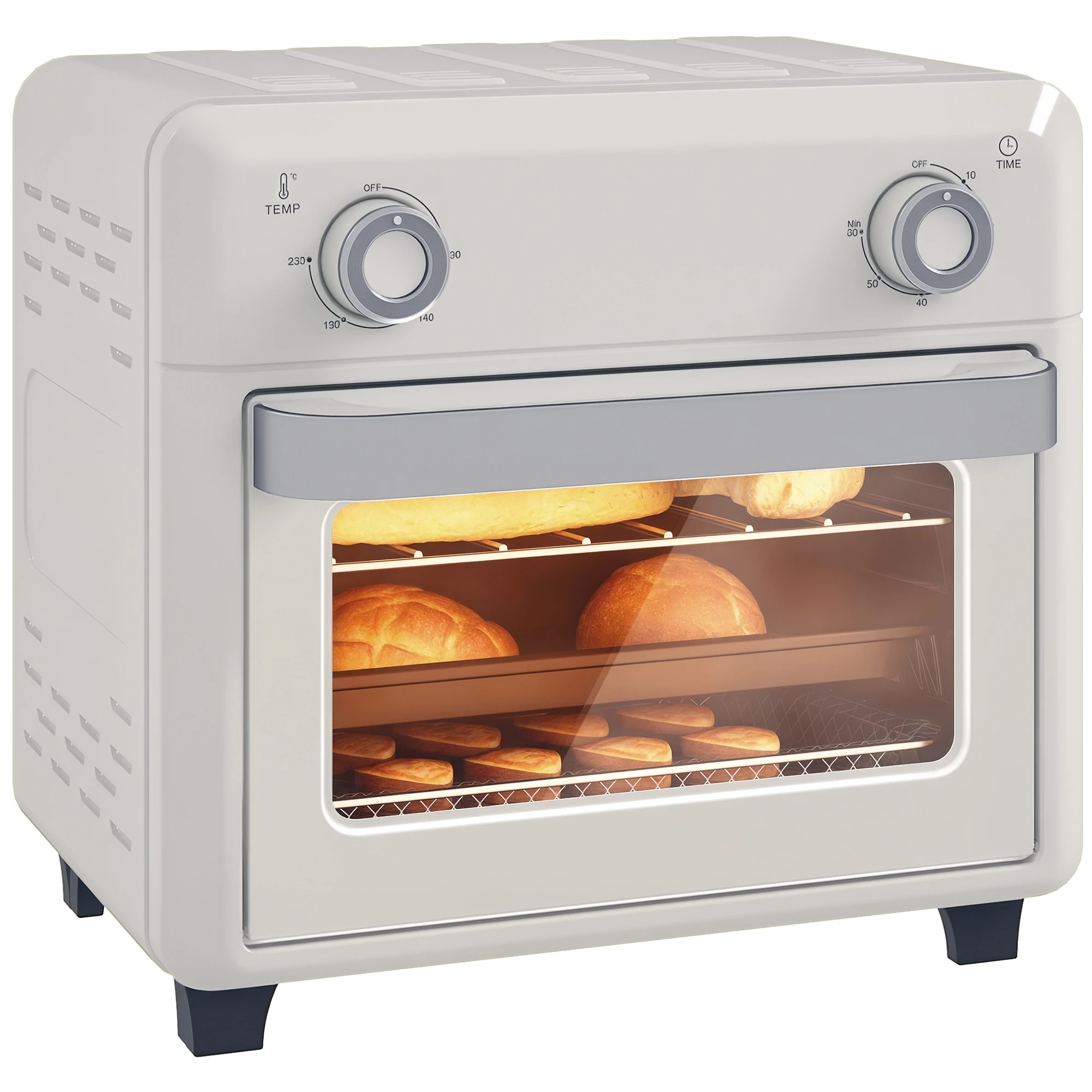 Horno de aire caliente HOMCOM Mini de 10L, horno con función de rotación y freidora sin aceite, temporizador de 60 minutos con temperatura ajustable a 80°C °   C-230 ° Plato y rejilla para hornear incluidos, color crema
