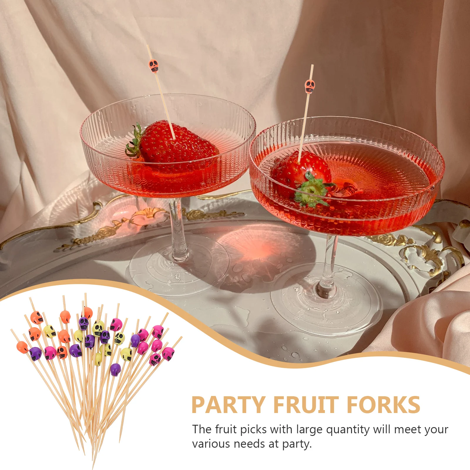 

200pcs Skull Head Fruit Picks Bamboo Halloween Party Cocktail Forks Food Snack Sticks Wine Glass Accessories Disposable Bamboo