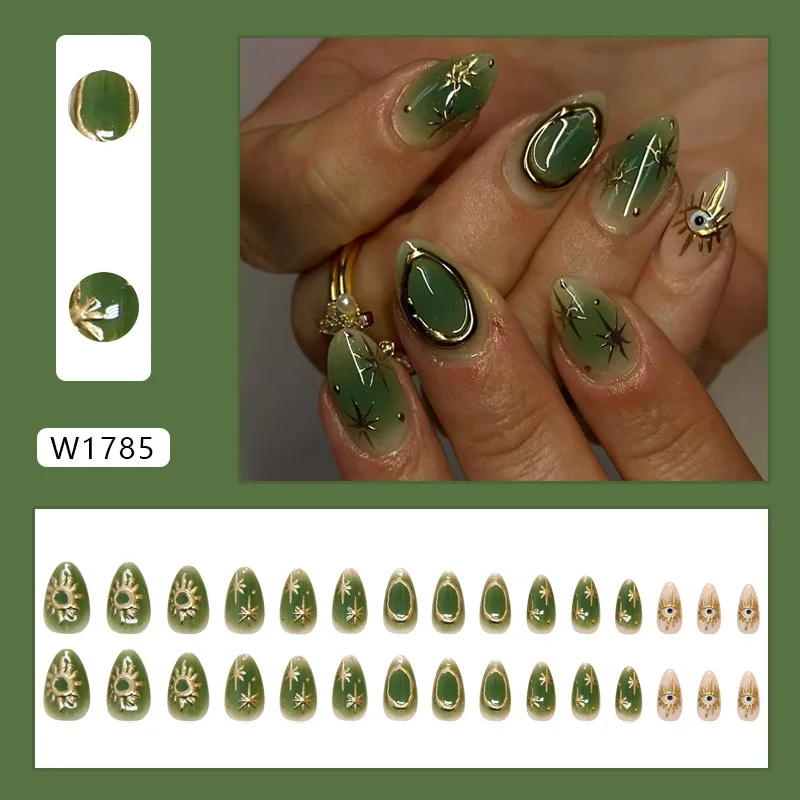 

30Pcs Short Almond Press on Nails - Deep Green Glitter with Unique Star Designs | Multi-Size Fit