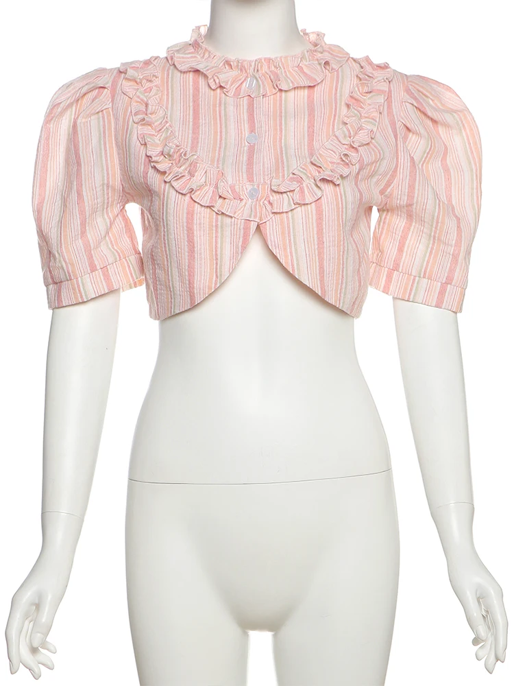 Conjunto de 2 piezas con estampado de rayas extrañas para mujer Y2K, manga de Puff, Top corto Irregular + bordes, faldas de verano, ropa de calle, traje a juego