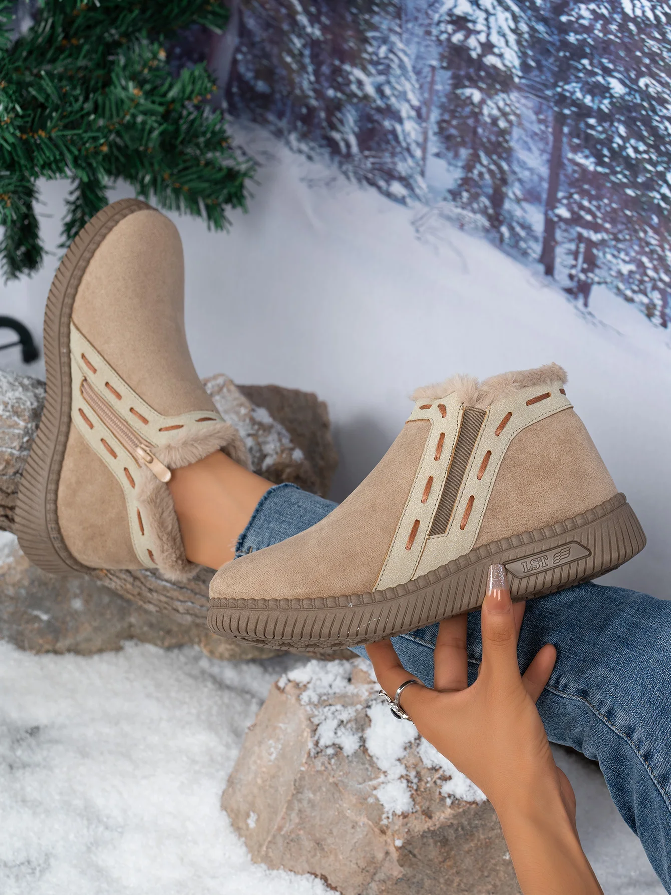 Damen-Winterstiefel Braun Damen-Knöchelstiefel mit seitlichem Reißverschluss, warm gefüttert mit Fleece, rutschfeste flache Schneestiefel für den täglichen Outdoor-Gebrauch. – Detail 2