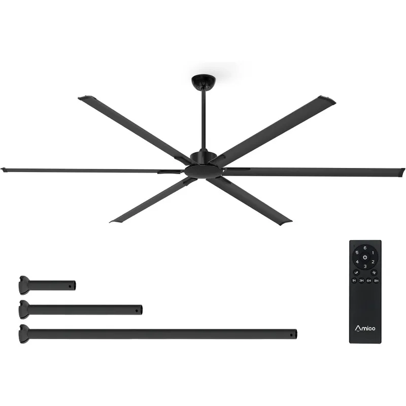 100 inch Industrial Indoor/Outdoor Ceiling Fan with Remote Control, Reversible, 6 Blades, Noiseless, Black Ceiling Fan