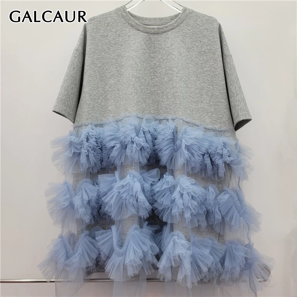 

GALCAUR Gray Spliced Mesh Design T Shirt Female O Neck Short Sleeve Temperament Irregular Women's T Shirts Summer Style Fashion