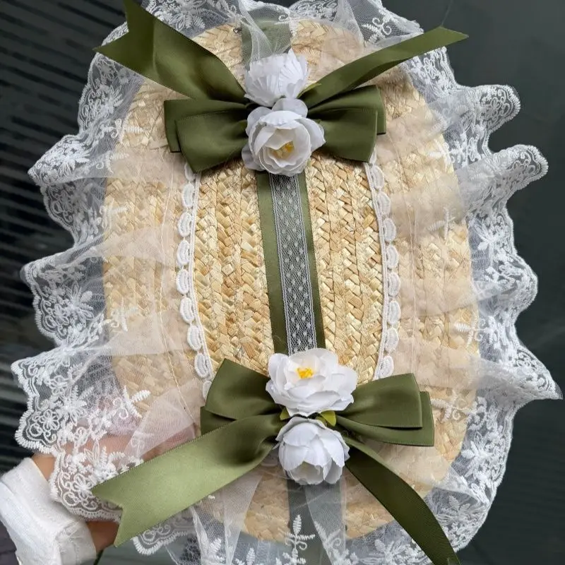 Hanfu Mixed Style BNT Bonnet Lace Trim Sweet Style Lolita Flat Straw Hat Elegant Daily Photo Hair Accessories