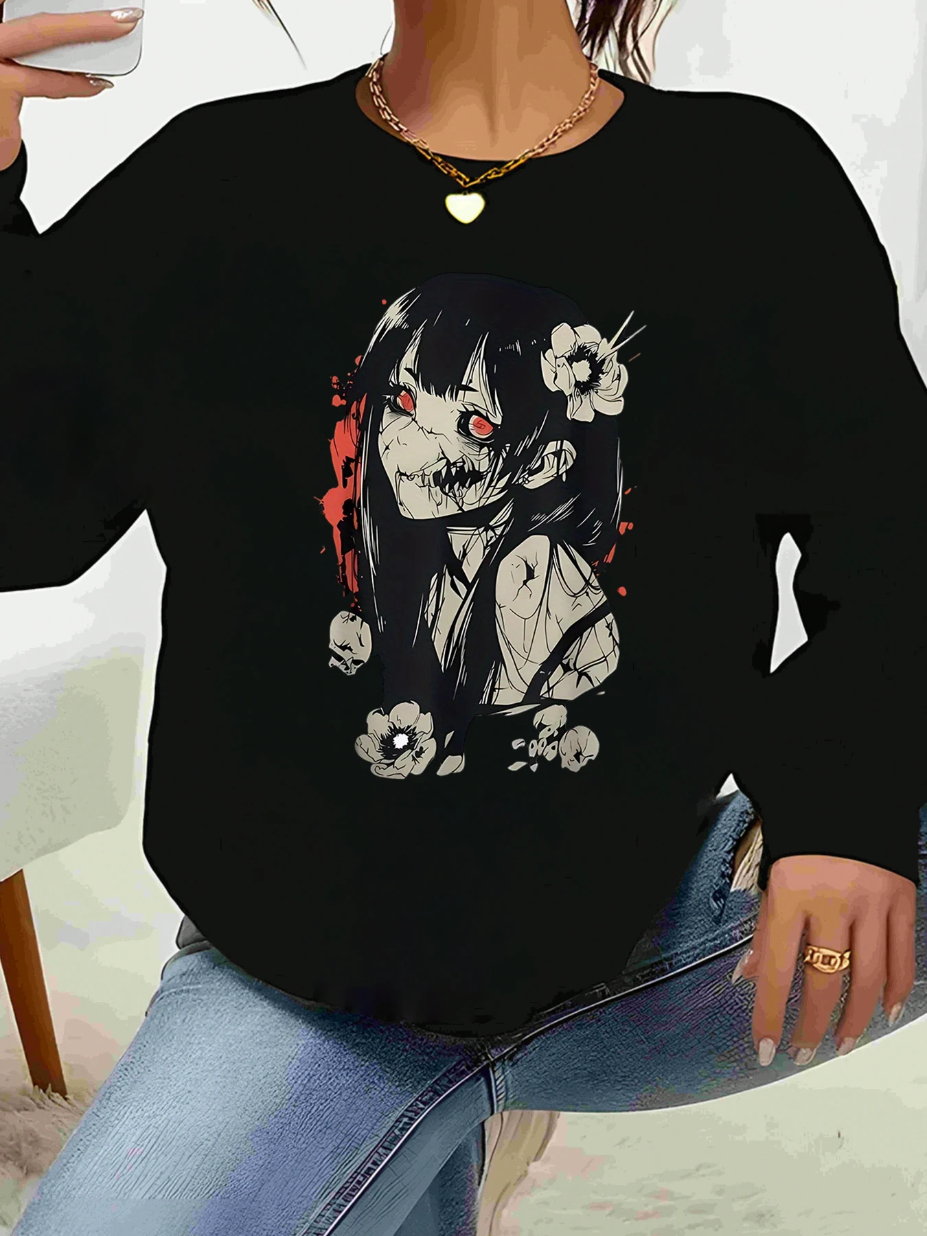 

Свитер с длинными рукавами для девочек в стиле аниме с цветочным принтом на Хэллоуин, повседневная женская одежда