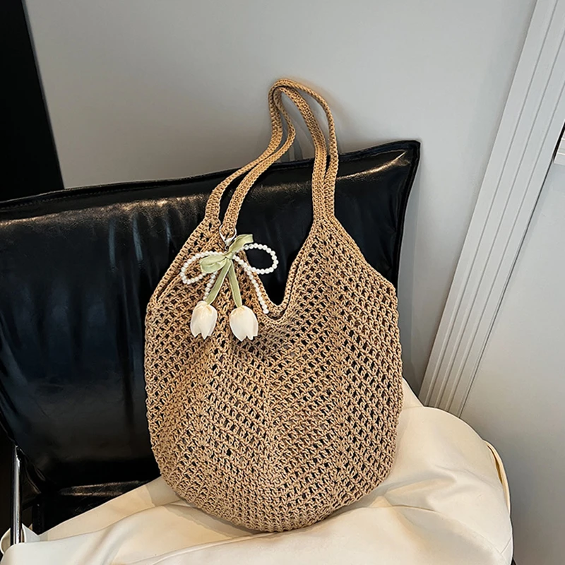 

Летняя пляжная тканая сумка-тоут для женщин, легкая, с ажурным узором, большой вместимости, сумка-шоппер на плечо