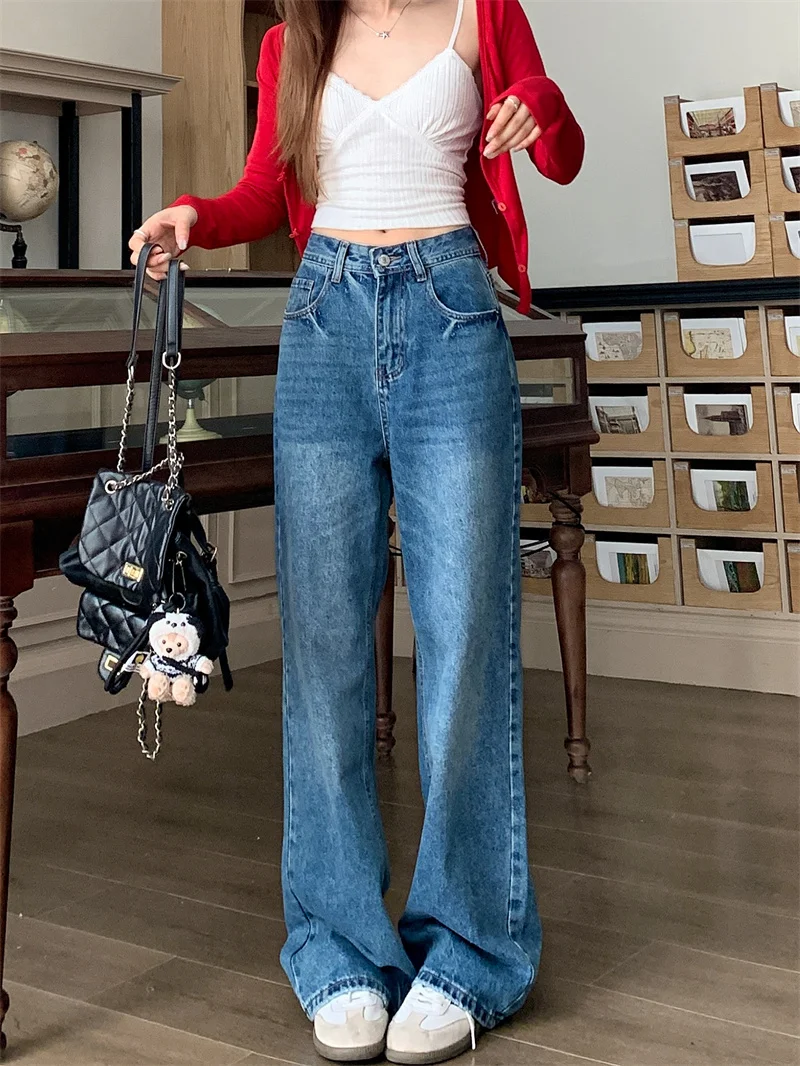 Korean Style Women Spring Autumn Narrow Wide Leg Jeans Wash Versatile High Waist Draping Height Friendly Floor Length Pants
