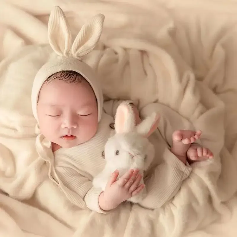 Newborn Outfits for Photo Shooting Long Sleeve Baby Bodysuit with Big Rabbit Ears Hat Infant Photography Clothes