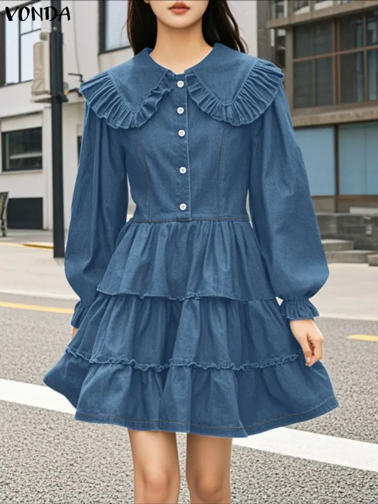 VONDA Fashion Shirt Dresses Women Long Sleeve Peter Pan Collar Elegant Party Vestidos Autumn Ruffled Casual Sundress Streetwear
