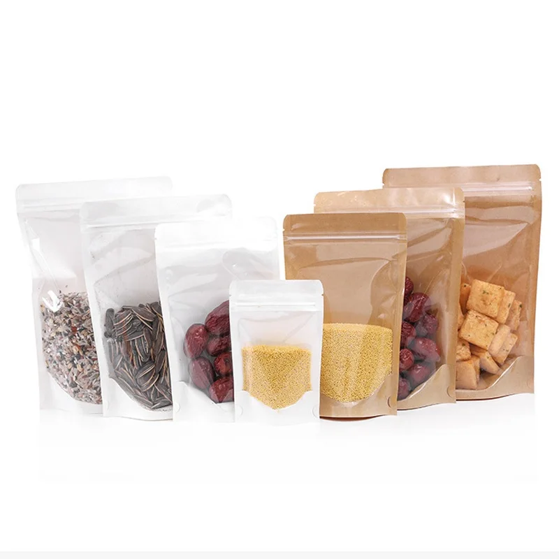 

1000Pcs White Thick Front Transparent Kraft Paper Bag Nut Tea Self-standting Ziplock Package Bag Zip Lock Display Window Bags