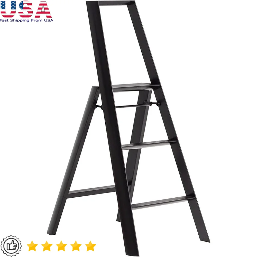 3-Step Lucano Step Ladder Foldable Lightweight Safety Bar Self-Standing Anti-Slip Grooved Steps Designed in Japan Multi-Award