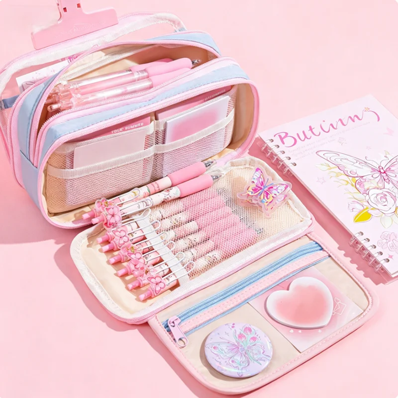 Pastel Butterfly Print Pencil Case, Large Capacity Transparent Stationery Bag with Multi-pockets（No Butterfly Accessories）