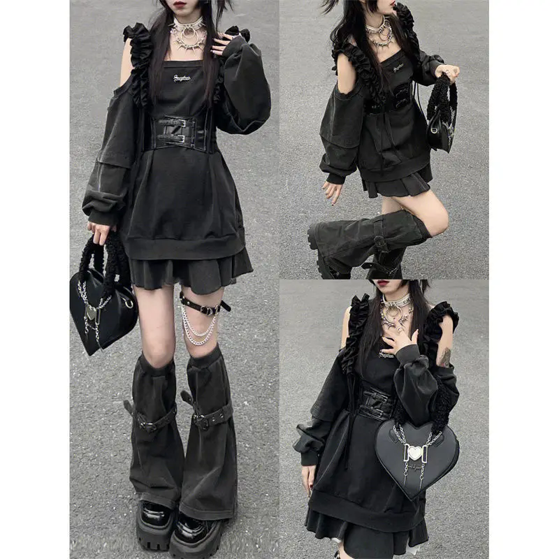 Harajuku Punk Loose Hoodies Dress Two Pieces Sets Women Y2K Socks Grey T-shirts Vestidos Long Sleeve College Girls Dress Sets