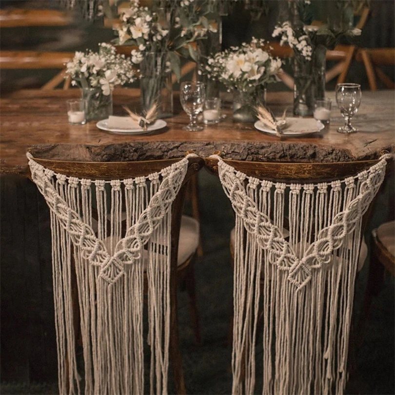 

Macrame Wedding Chair Back Tapestry Decor for Mr & Mrs Hand-woven Lawn Outdoor Wedding Chair Back Haing Mini Tapestry 1 Pair