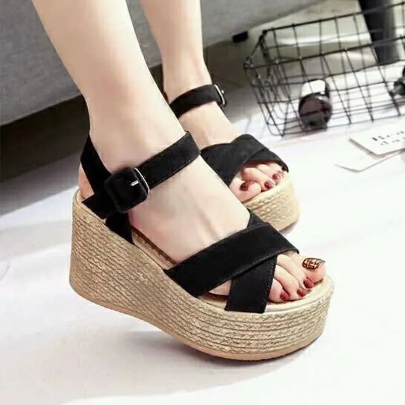 

Summer Women's Sponge Cake Slope Heel Sandals Thick Bottom Waterproof Platform Solid Suede Sandals