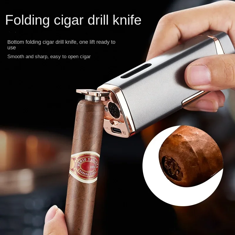 Three  Direct Injection Triple Flame Blue Flame Cigar Special Lighter Gas and Electric Two-in-one Portable Cigar Cutter Igniter
