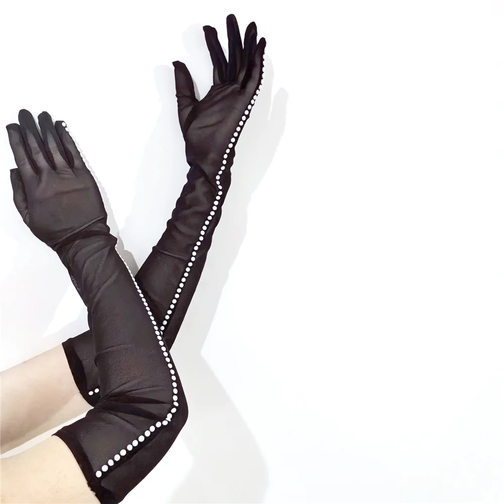 Elegance Breathable Drive Gloves Lady Long Mesh Length 52cm Banquet Ceremony Pearl-decorated Elasticity Visual Mittens ST10