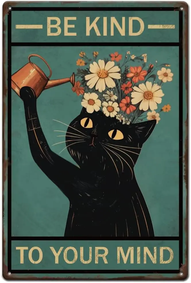 SUPERDANT Black Cat Metal Signs Be Kind to Your Mind Tin Sign Watering Funny Bathroom Plaque Animal
