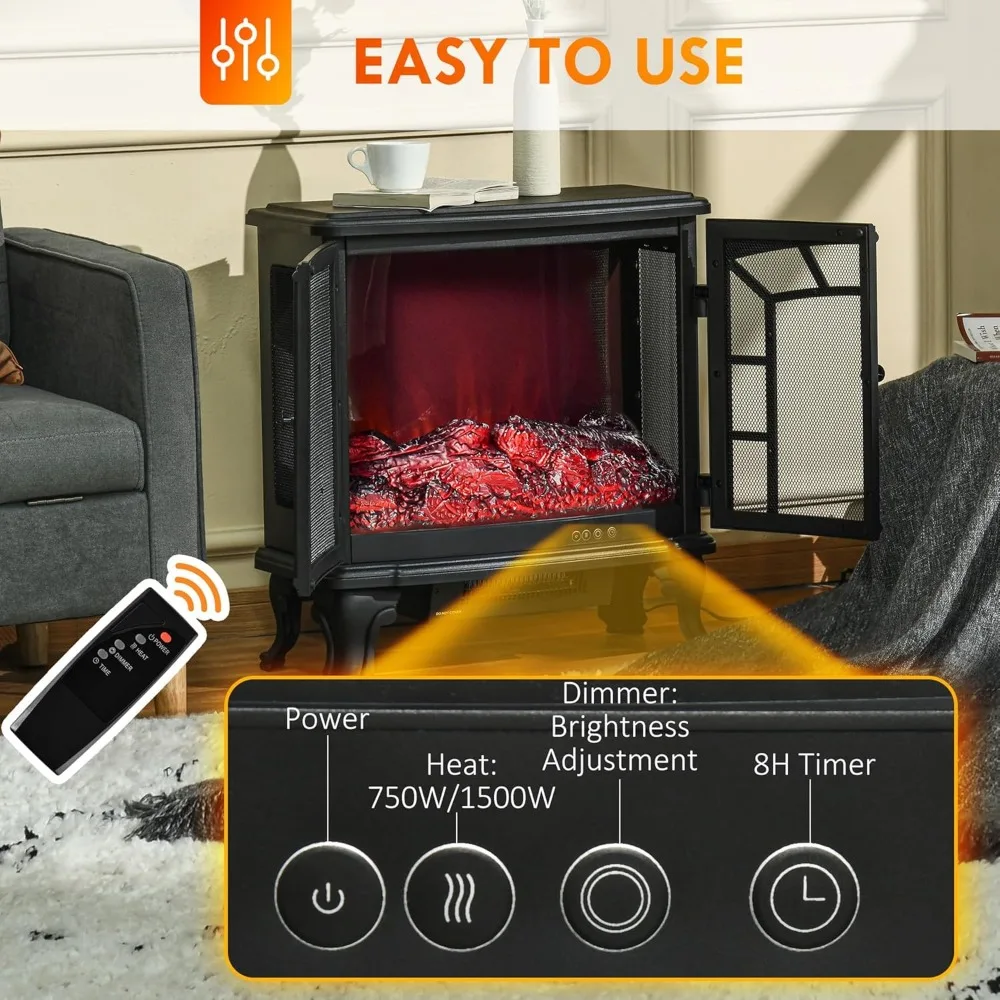 HOMCOM 27 Electric Fireplace Heater, Fireplace Stove with Realistic LED Flames and Logs, Remote Control and Overheating Protecti