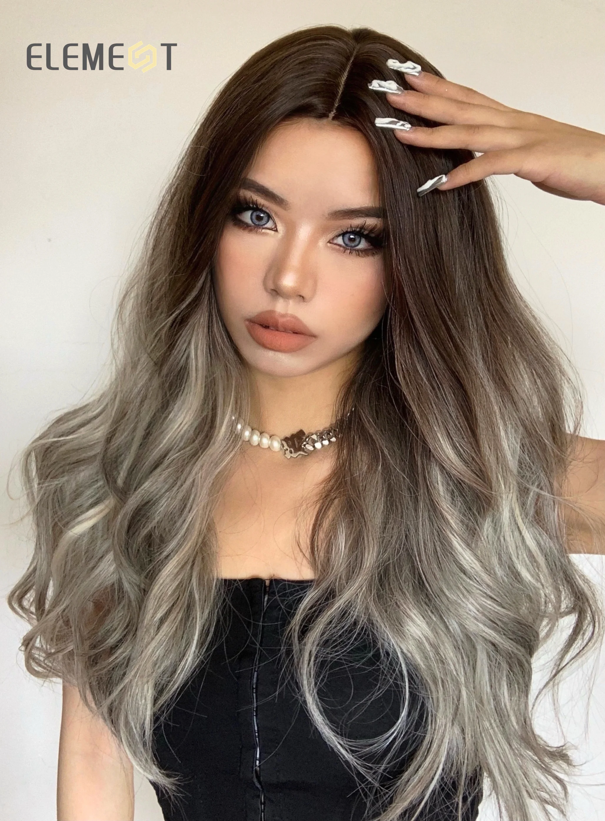 ELEMENT Synthetic Wigs For Women Ombre Brown to Silver Grey Dark Roots Long Wavy Party Daily Use Heat Resistant Fiber Fashion