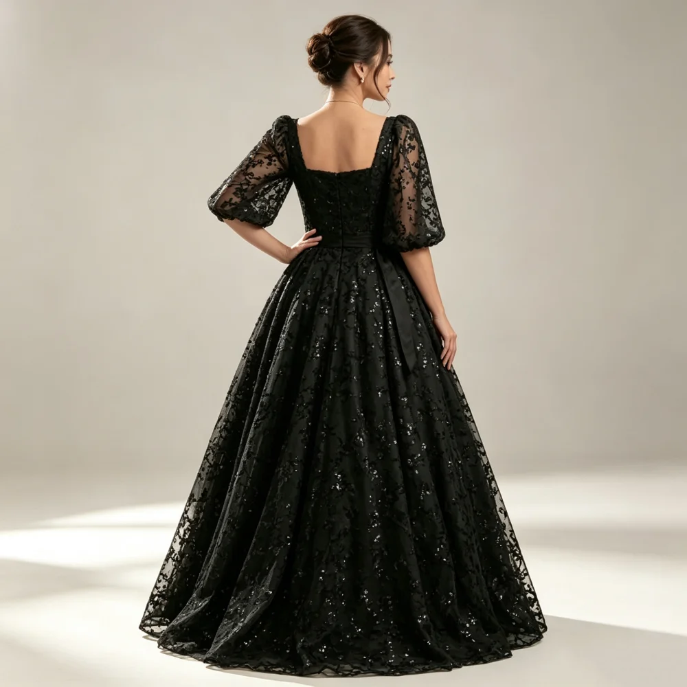 Customized Black Square Neck Tulle Puff Sleeve Mother Of Bride Dresses Sequin Lace Sash A Line Formal Wedding Guest Gown