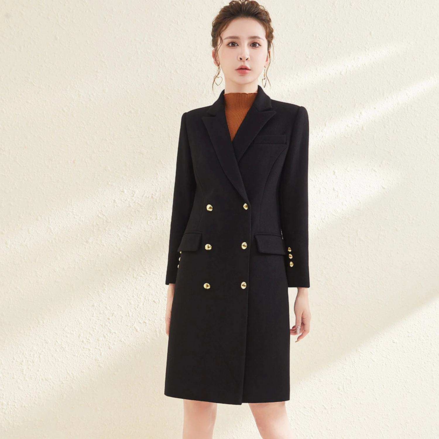 Allingentle Black Women's Double-Breasted Blazer Fashion Peak Lapel Jacket Suit Coat for Casual Office Outfit Customize