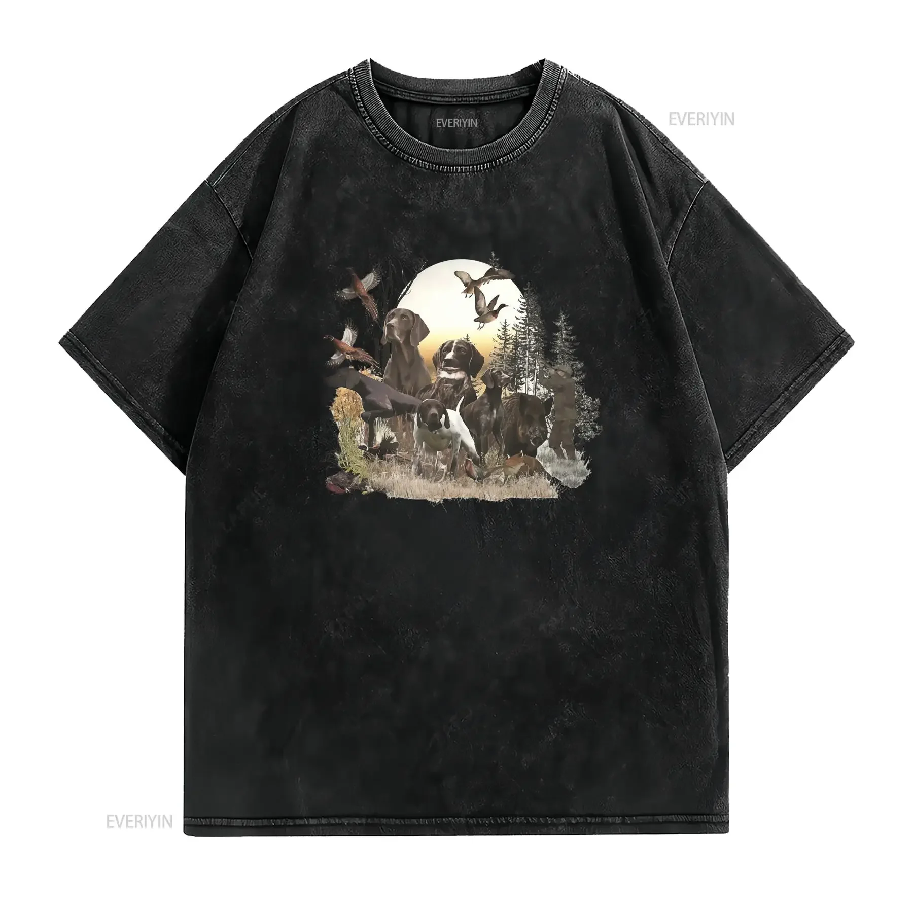 Camiseta de caza para hombre con dise?o Braco Alemán Pelo Corto perro al aire libre pájaros y escena bosque cuello redondo