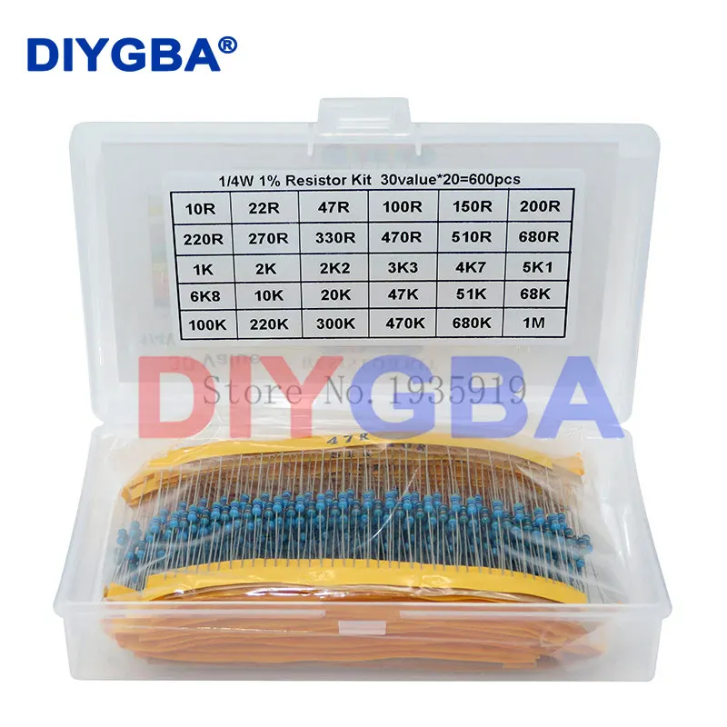 600PCS/LOT 1/4W Metal Film Resistor Kit 1% Resistor Assorted Kit Set 10 -1M Ohm hm Resistance Pack 30 Values each 20 pcs