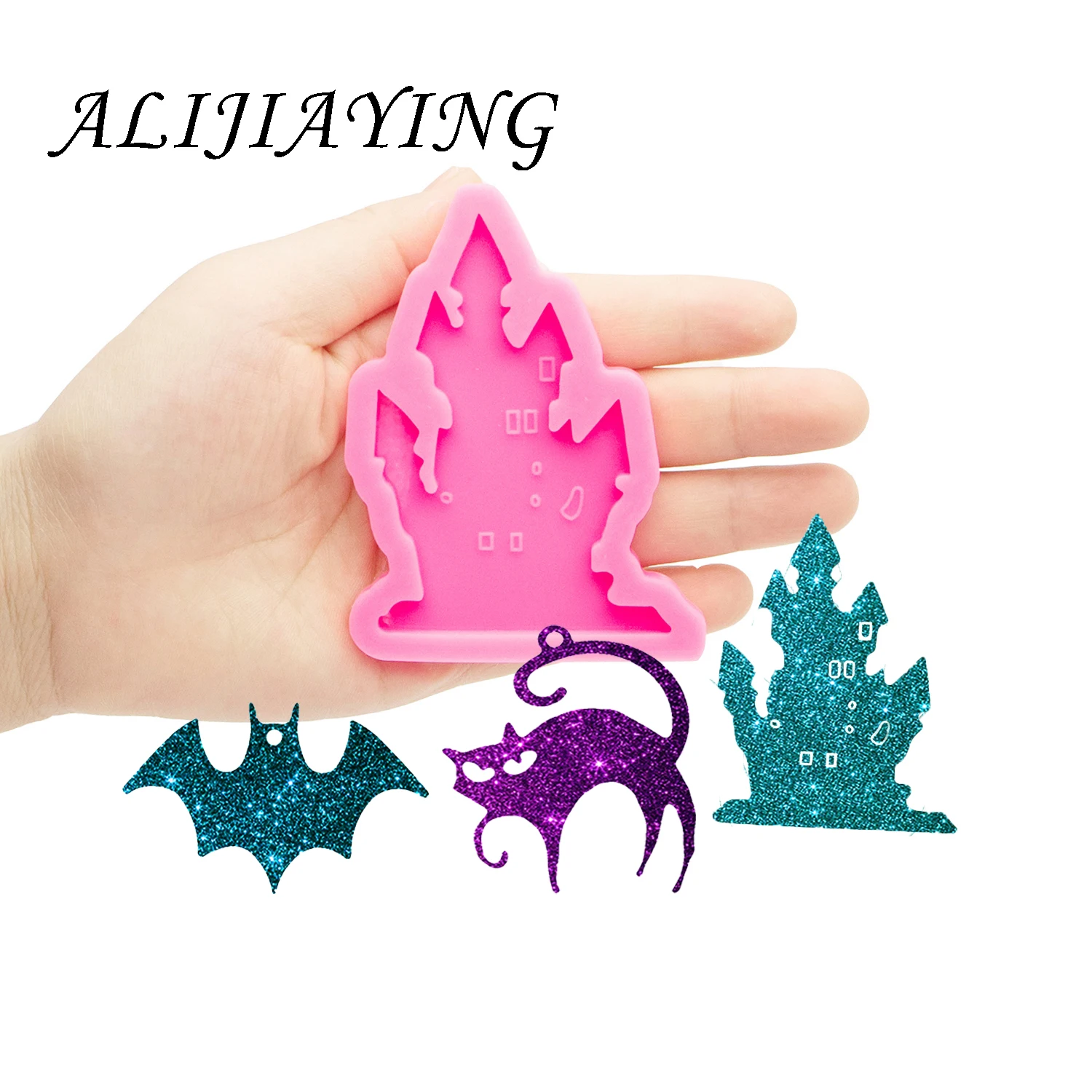 Shiny Resin Molds Halloween Bat/Castle/Cat/Ghost Keychain Silicone Moulds DIY for Crafting Epoxy, Chocolate Cake Mold  DY0604