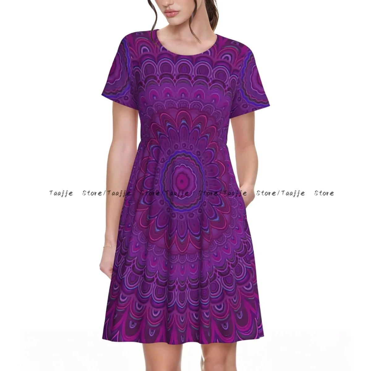 Women Dress Mandala Shape A Kaleidescopic Style Sixties Summer Elegant O Neck Short Sleeve Female Casual Loose Long Dress