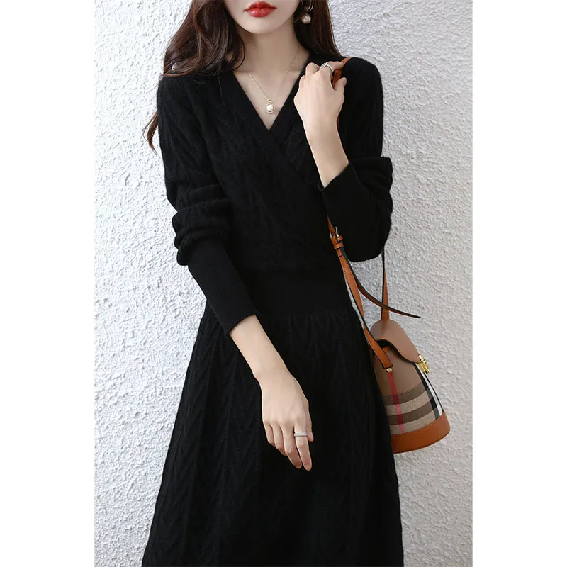 Elegant Fashion Cashmere Sweater Women Dresses 100% Merino Wool V-Neck Long-Sleeve Thick Knitted Dress Winter Long A-Line Skirts