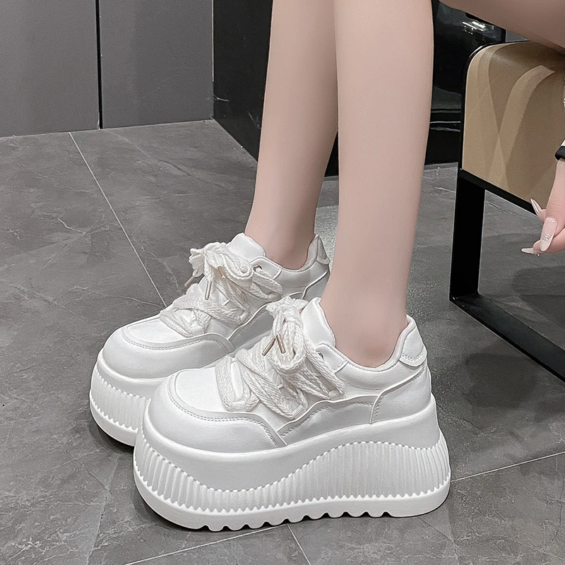 8.5CM New Synthetic Microfiber Leather Women Platform Wedge Ladies Chunky Sneakers 2024 High Brand Fashion Vulcanize Pumps Shoes