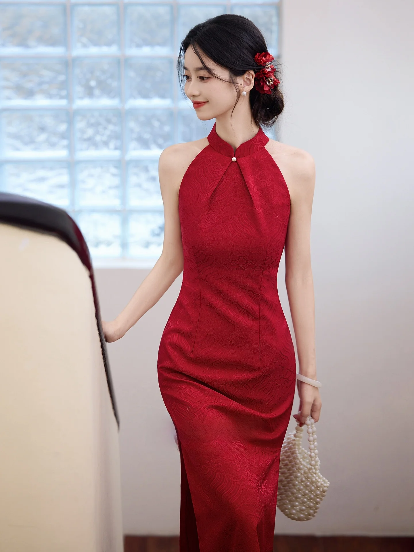 Vestido de Novia Rojo con Escote Bardot, Estilo Chino, para Fiesta de Compromiso, Vestido Largo sin Mangas para Mujer