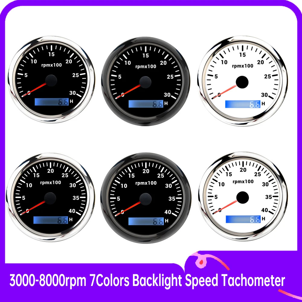 

85 мм тахометр 3000-8000 об/мин с цифровым счетчиком часов с 7 цветами подсветки для автомобиля, грузовика, морского мотоцикла