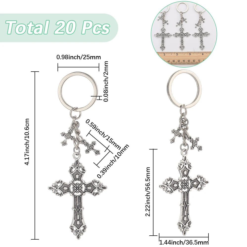 1 Box 20Pcs Key Chain Kit Silver Crucifix Keychain Bulk Metal Crosses Themed Holder Keyrings Sunday Easter Charms for Handbags