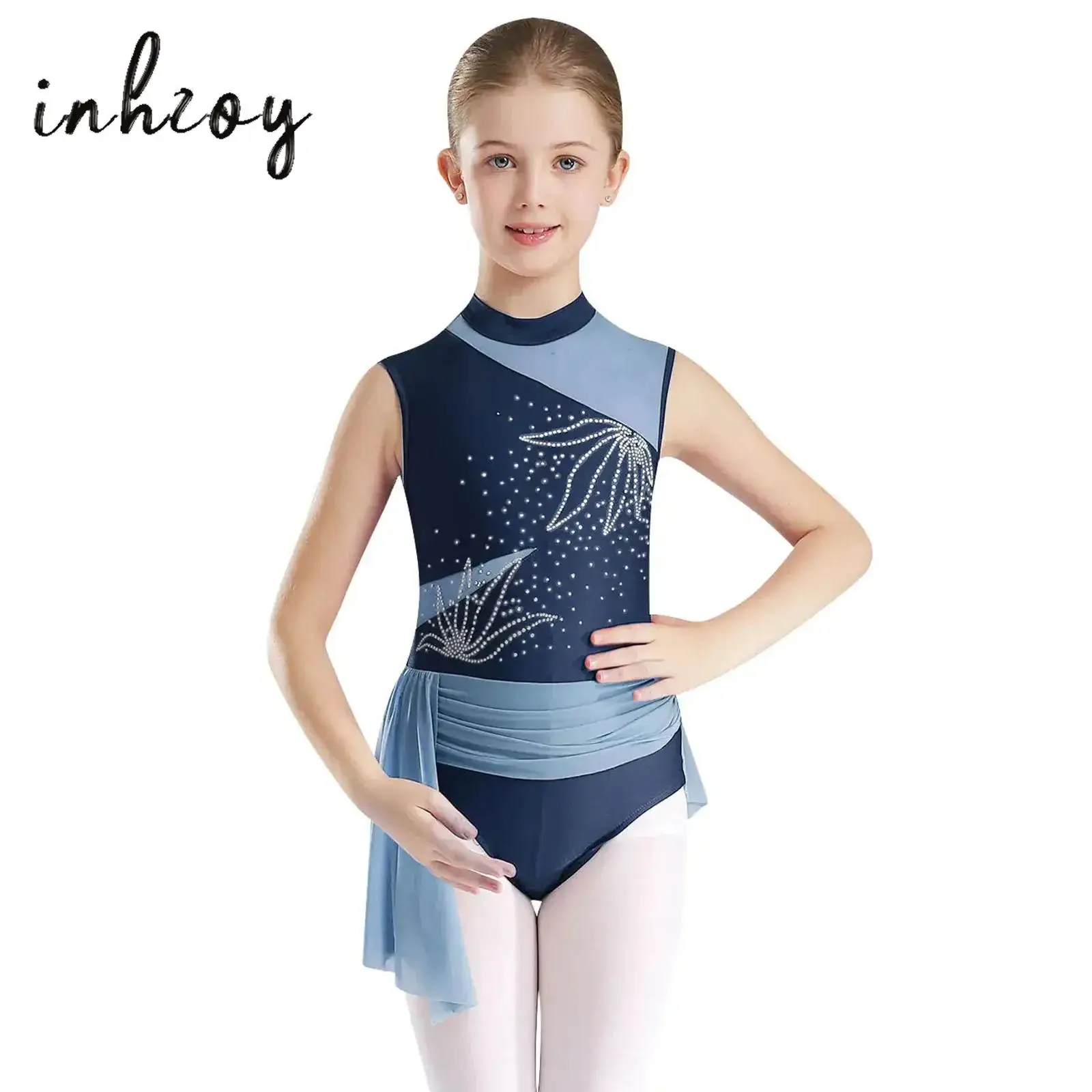 Kids Girls Gymnastic Leotards Rhinestone Sheer Mesh Bodysuit with Skirt Figure Skating Jumpsuit Ballet Dance Performance Costume