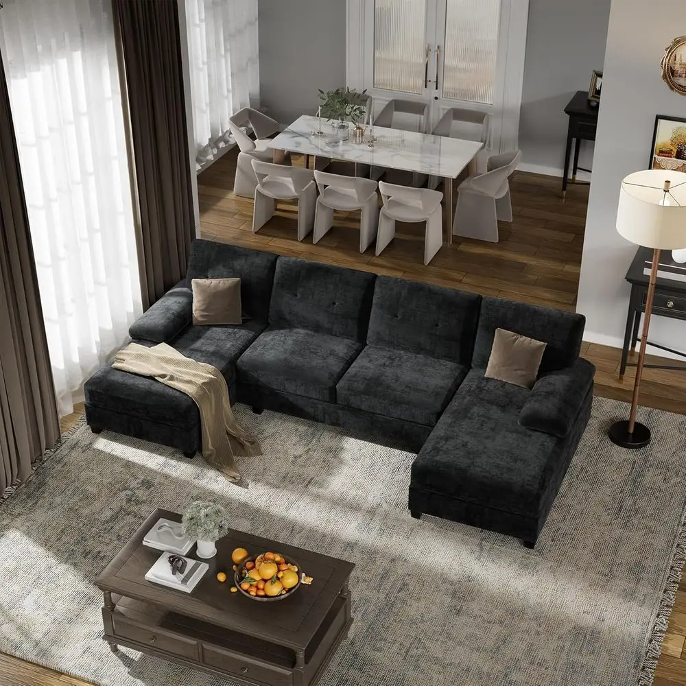 4-Seat U-Shaped Sectional Sofa with Double Chaise in Black