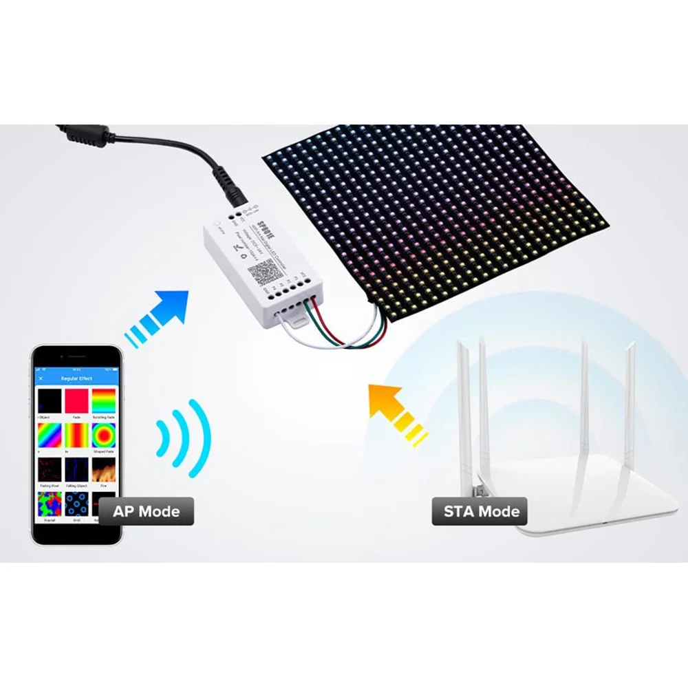 

AT21-SP801E Wi-Fi контроллер Art-Net для светодиодных матричных панелей и модулей WS2812B WS2811, беспроводное управление светодиодными лентами, DC5-24V
