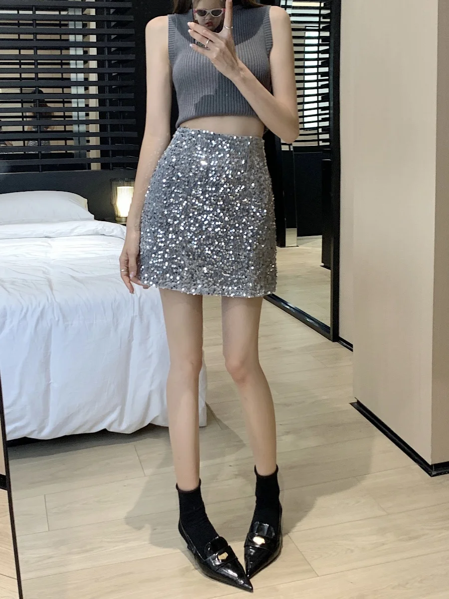 A-Line Sequined Length Autumn Women's Design Sense, Niche Silver Sparkling Sequin, Hip Hugging Half Skirt, Short Skirt