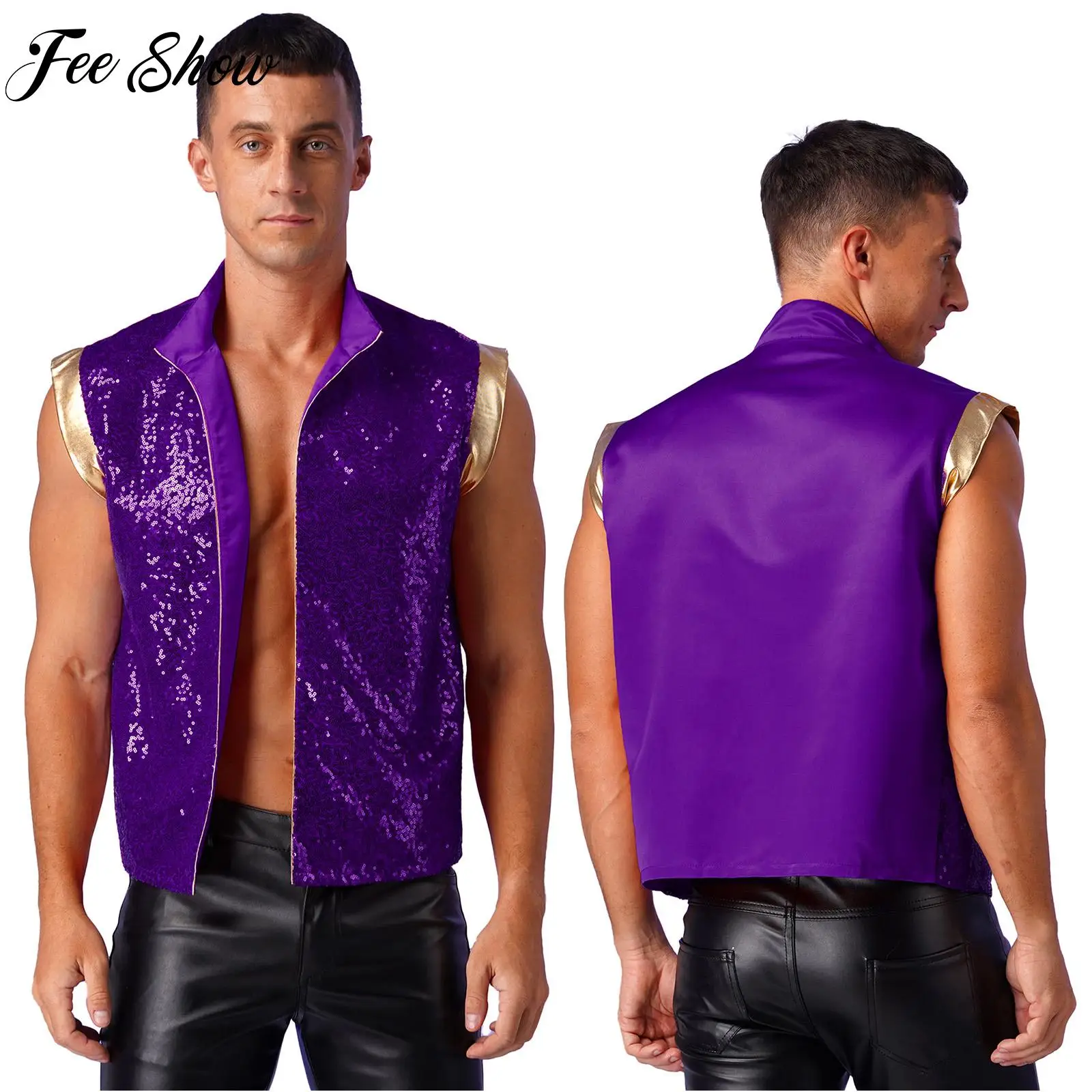 Mens Halloween Arabian Prince Vest Sparkly Sequin Open Front Metallic Patchwork Waistcoat Indian Arabian Cosplay Costumes