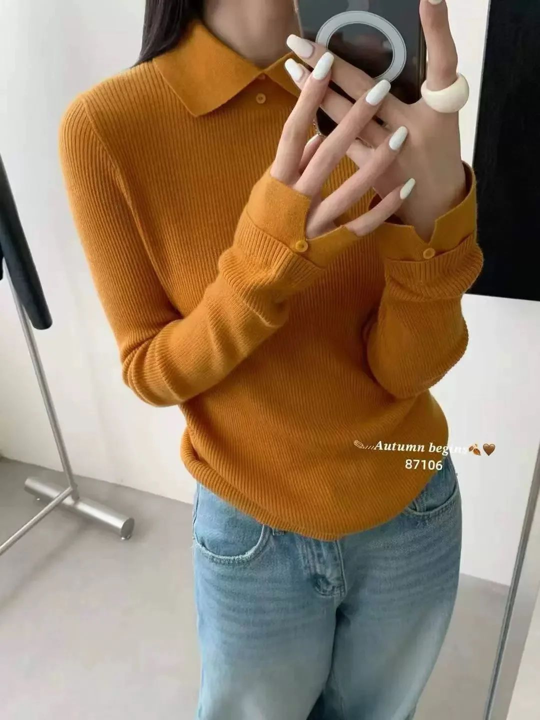 2025 Autumn/Winter New Versatile Casual Simple Solid Color Collar Long Sleeve Knitted Shirt Women's Base