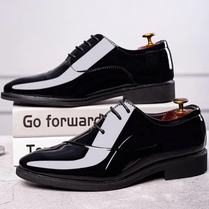 PU Patent Leather Shoes for Men Oxfords Lace Up Male Wedding Party Office Work Shoes Elegant Designer Brand Dress Shoes for Men