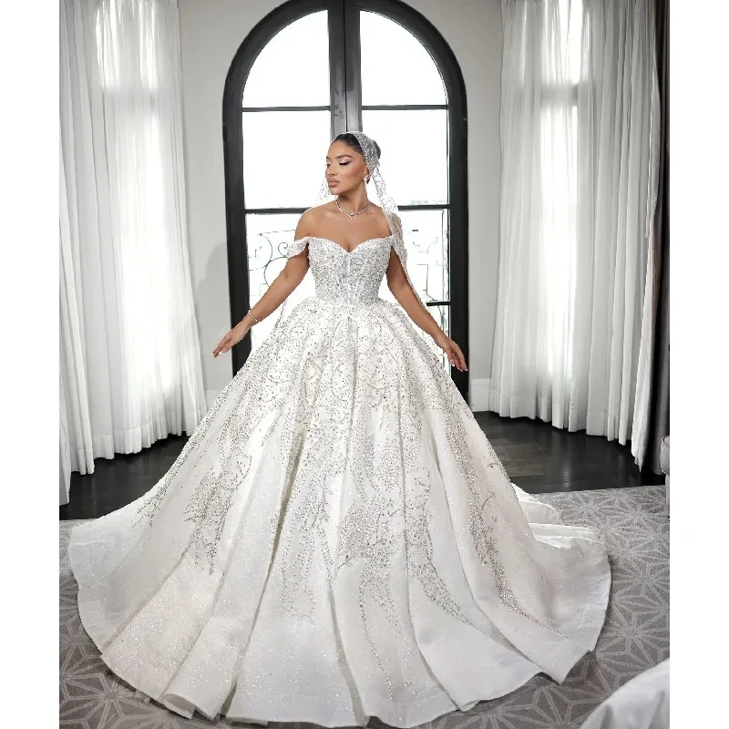 Customized Exquisite Shining Brightly Lace Off The Shoulder Ball Gown Wedding Dress Beading Pearls Appliques Bridal Gowns