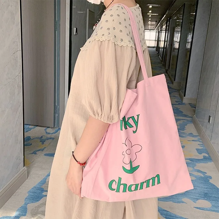 

Оригинальная летняя розовая холщовая сумка с цветочным принтом, большая вместительная корейская студенческая сумка-тоут, экологически чистая модная женская сумка